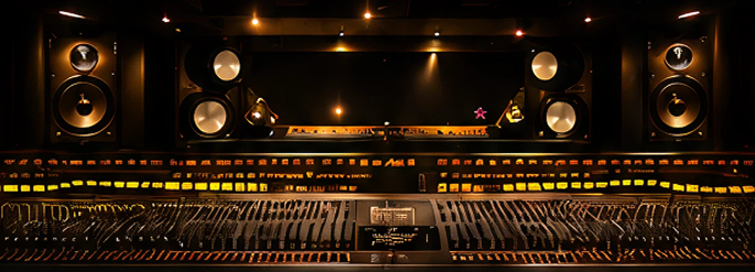 Recording studio with large mixing console.
