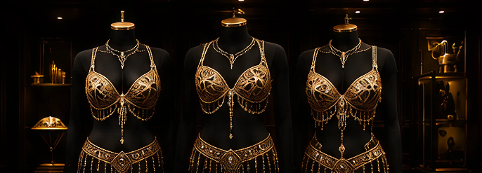 Three mannequins with ornate gold costumes.