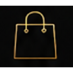 Golden shopping bag icon on black background.
