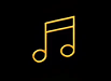 Golden music note on black background.