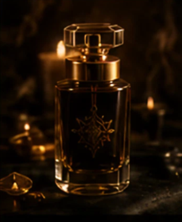 Elegant perfume bottle with candlelight background.