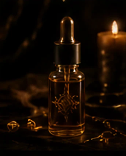 Dark ambiance with candle and dropper bottle.