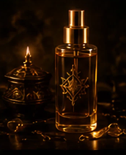 Elegant perfume bottle with ornate design.