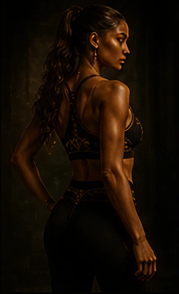 Athletic woman posing in dim lighting.