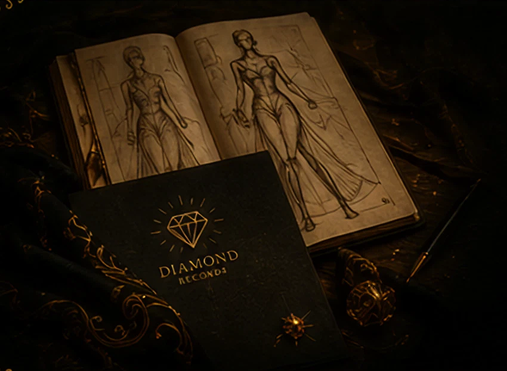 Sketchbook and Diamond Records book on table.