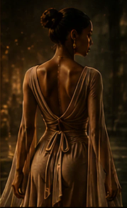 Woman in elegant gown, back view.