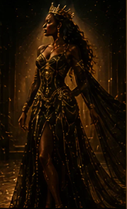 Regal woman in ornate dress and crown.