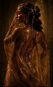 Elegant woman in golden dress, dramatic lighting.
