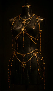 Golden jewelry on black mannequin, dark background.
