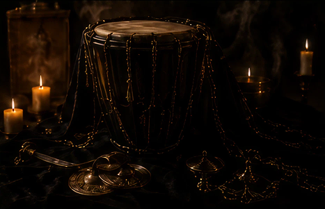 Drum with candles and decorative chains.