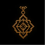 Geometric gold pendant on black background.