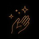 Neon hand with stars on black background.