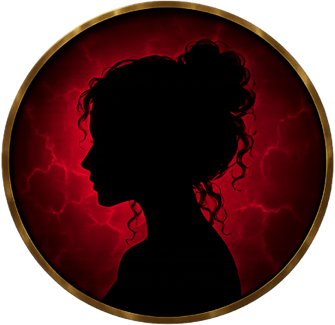 Silhouette of woman against red cloudy background.