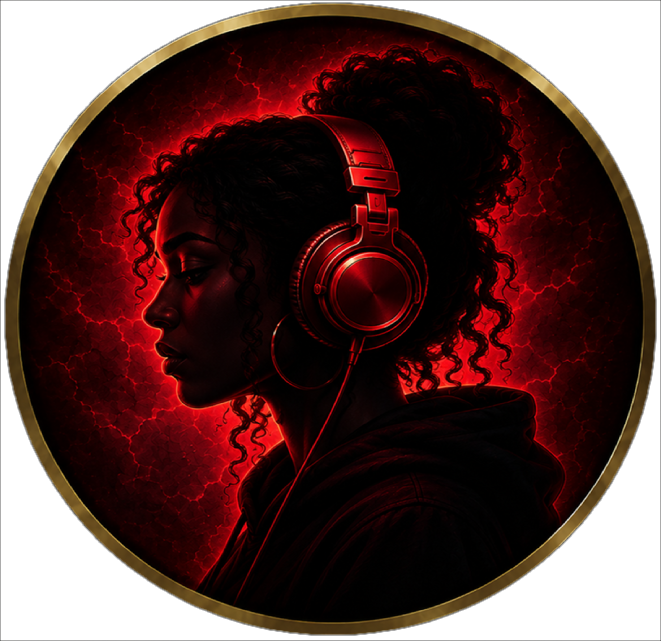 Silhouette of person with headphones in red.