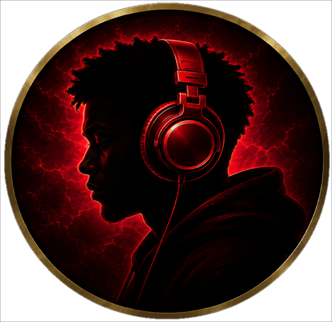 Silhouette with headphones on red background.