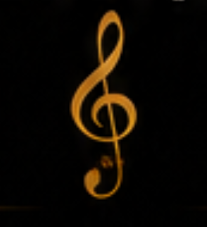 Golden treble clef on black background.