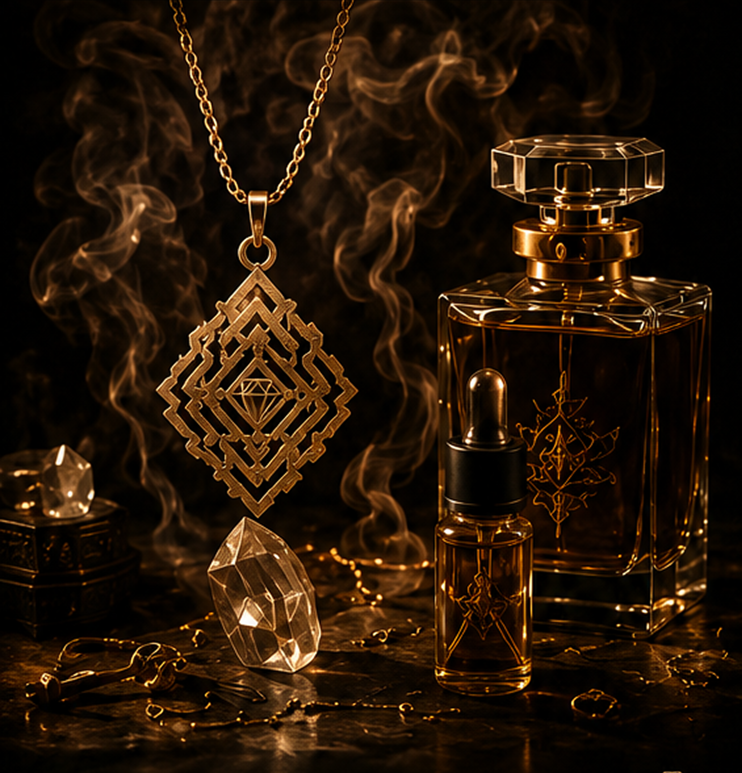 Luxurious jewelry and perfume with crystals.