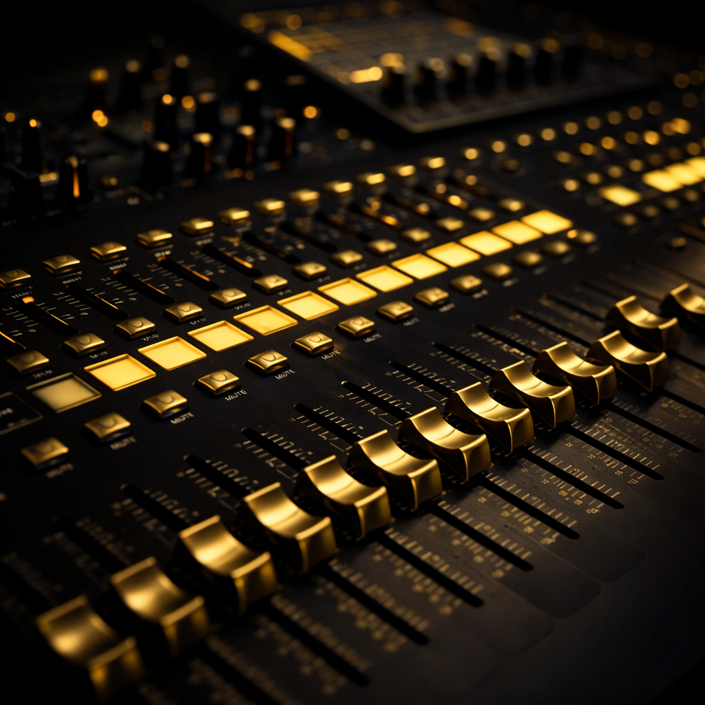 Audio mixing console with illuminated controls.