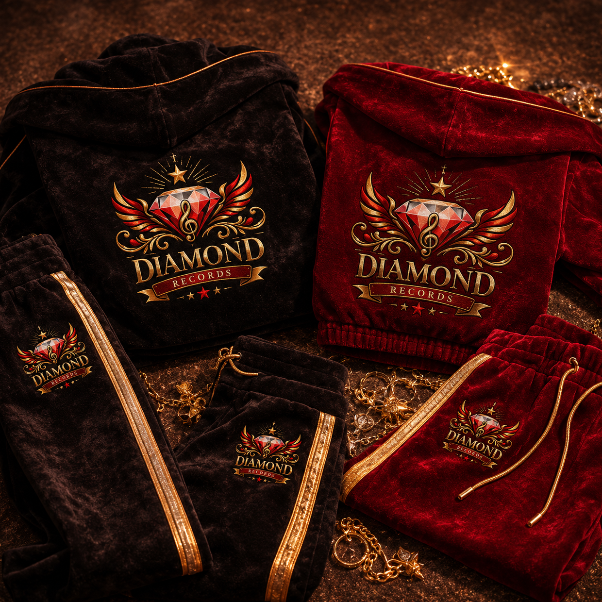 Diamond Records branded clothing on display.