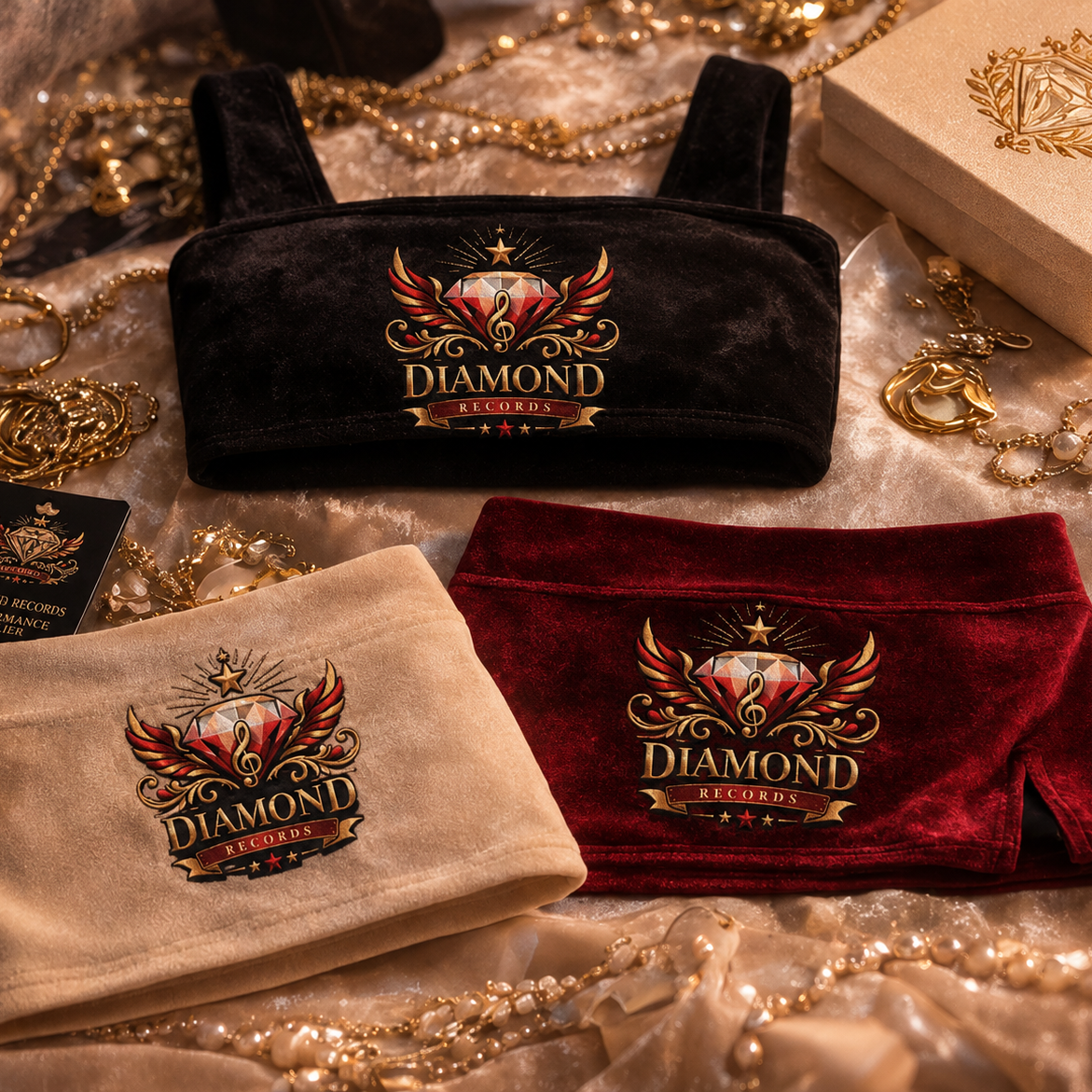 Three velvet garments with "Diamond Elysées" logo.
