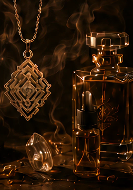 Pendant and perfume bottles with smoke.