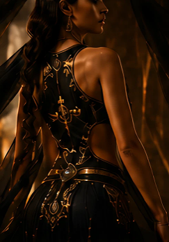 Woman in ornate dress, dramatic lighting.