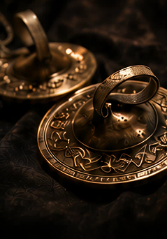 Bronze cymbals with intricate engraved designs.